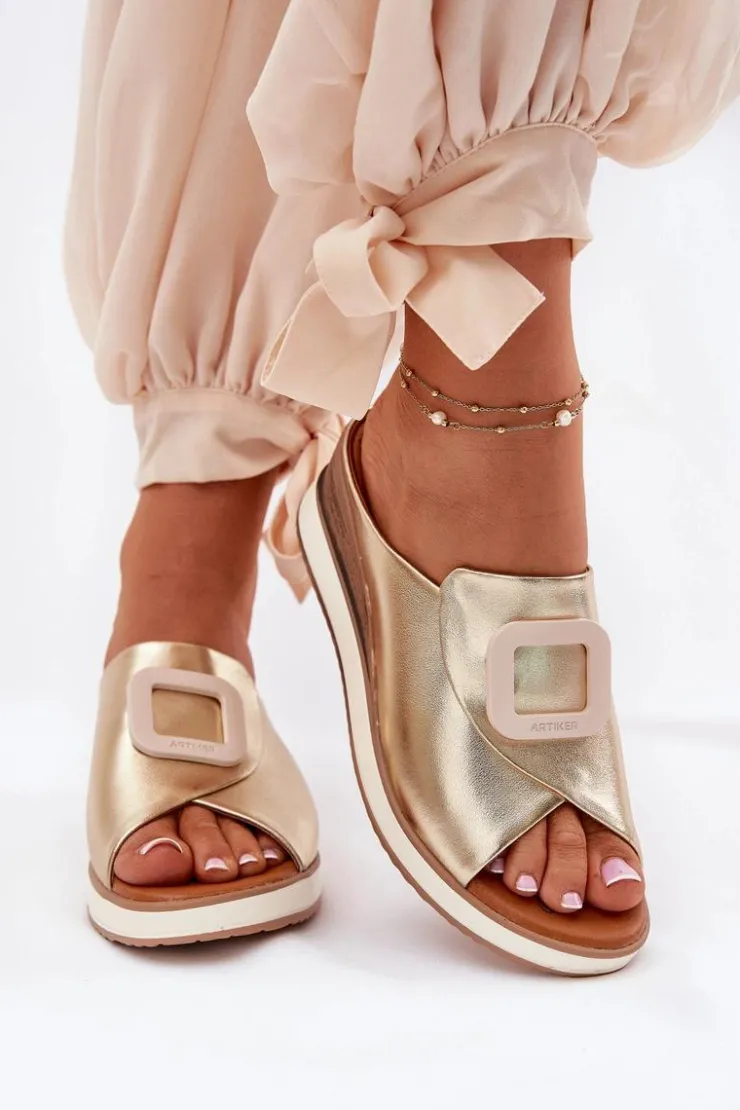 Damskie Artiker Klapki Damskie Skórzane Na Koturnie 56C2146 Złote