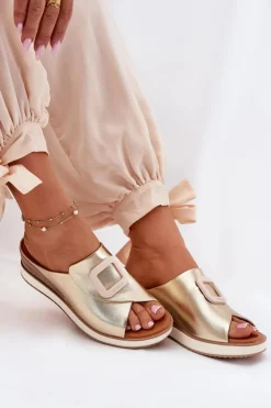 Damskie Artiker Klapki Damskie Skórzane Na Koturnie 56C2146 Złote