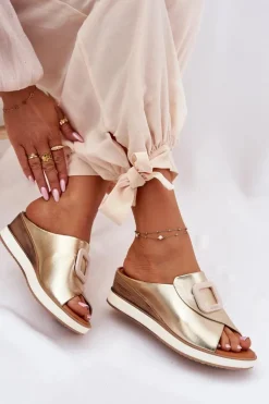 Damskie Artiker Klapki Damskie Skórzane Na Koturnie 56C2146 Złote