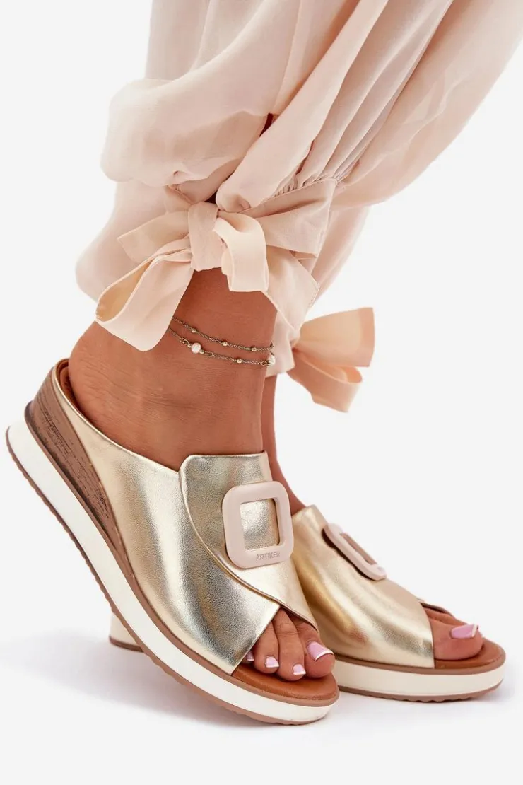 Damskie Artiker Klapki Damskie Skórzane Na Koturnie 56C2146 Złote