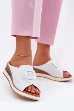 New Artiker Klapki Damskie Skórzane Na Koturnie 56C2144 Białe Biały