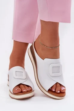 New Artiker Klapki Damskie Skórzane Na Koturnie 56C2144 Białe Biały