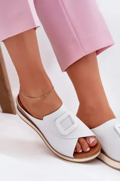 New Artiker Klapki Damskie Skórzane Na Koturnie 56C2144 Białe Biały