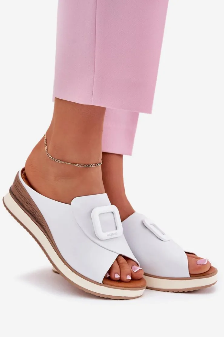 New Artiker Klapki Damskie Skórzane Na Koturnie 56C2144 Białe Biały