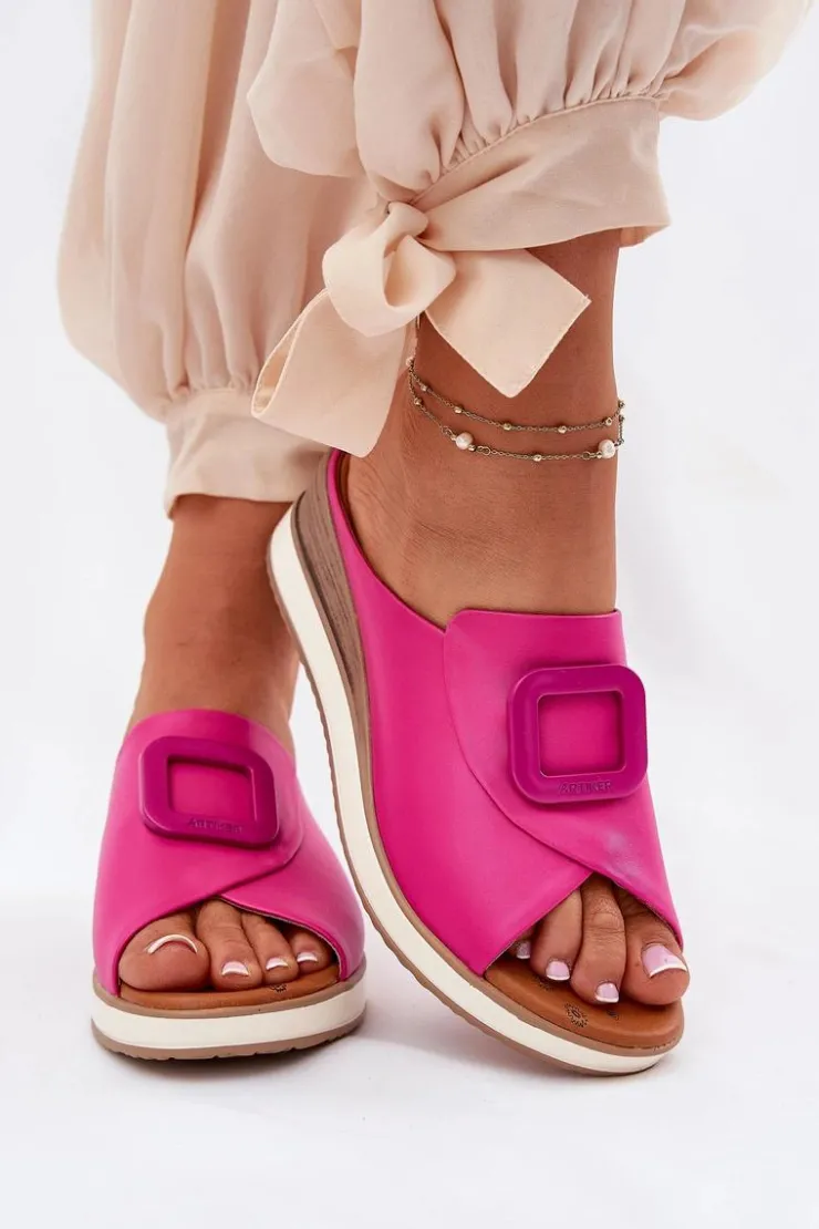 Artiker Klapki Damskie Skórzane Na Koturnie 56C2147 Fuksja