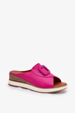 Artiker Klapki Damskie Skórzane Na Koturnie 56C2147 Fuksja