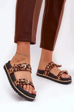 Damskie Boto Klapki Damskie w Panterkę Na Platformie Z Paskami I Klamrami Brązowe Ziferte