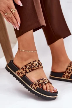 Damskie Boto Klapki Damskie w Panterkę Na Platformie Z Paskami I Klamrami Brązowe Ziferte