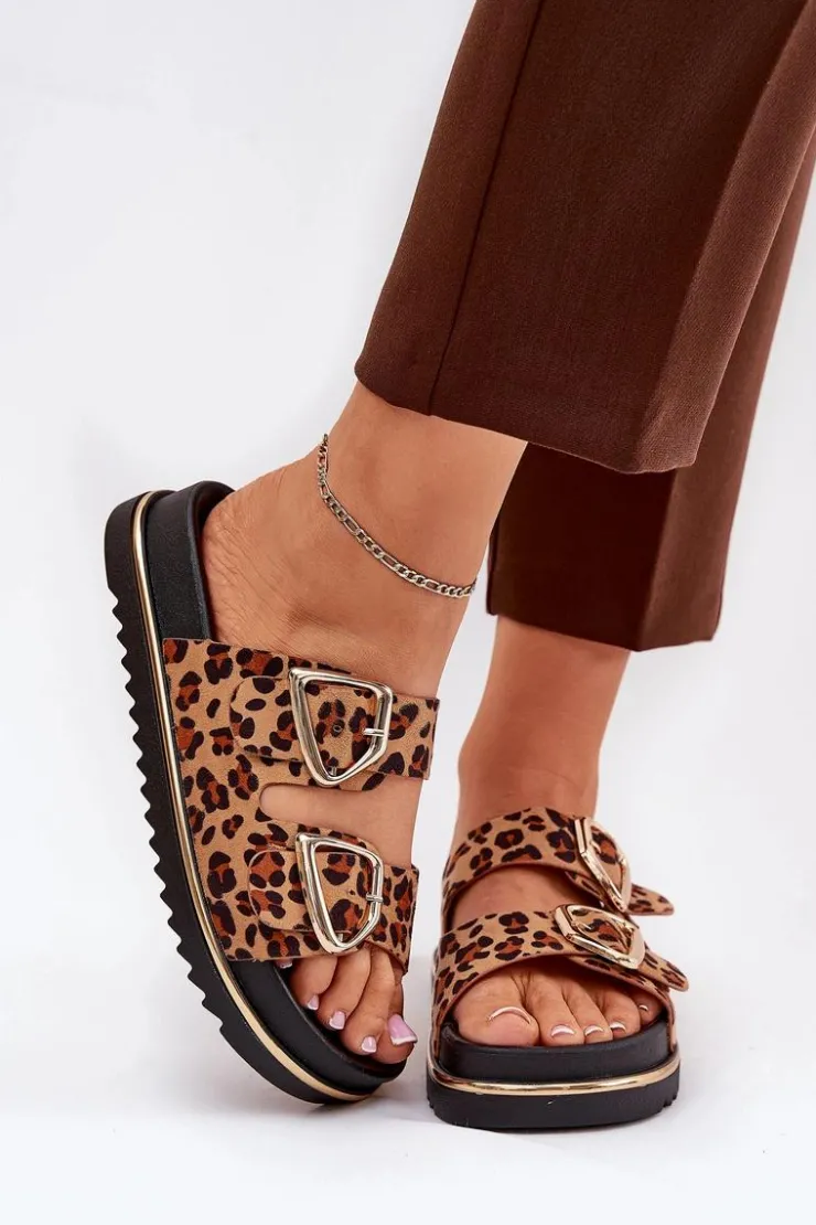 Damskie Boto Klapki Damskie w Panterkę Na Platformie Ze Złotymi Klamrami Brązowe Tersele