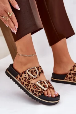 Damskie Boto Klapki Damskie w Panterkę Na Platformie Ze Złotymi Klamrami Brązowe Tersele