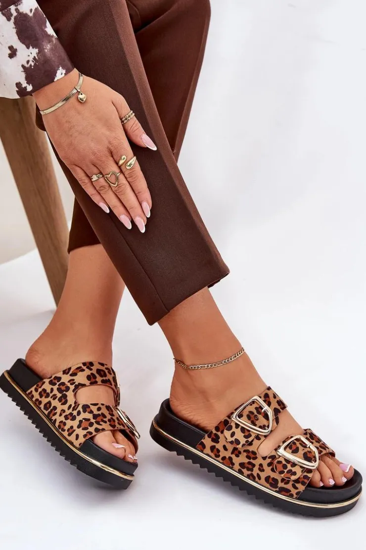 Damskie Boto Klapki Damskie w Panterkę Na Platformie Ze Złotymi Klamrami Brązowe Tersele