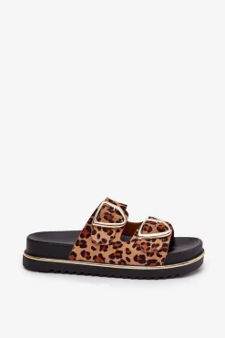 Damskie Boto Klapki Damskie w Panterkę Na Platformie Ze Złotymi Klamrami Brązowe Tersele