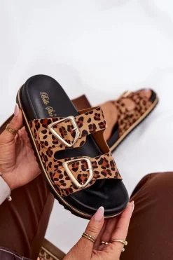 Damskie Boto Klapki Damskie w Panterkę Na Platformie Ze Złotymi Klamrami Brązowe Tersele