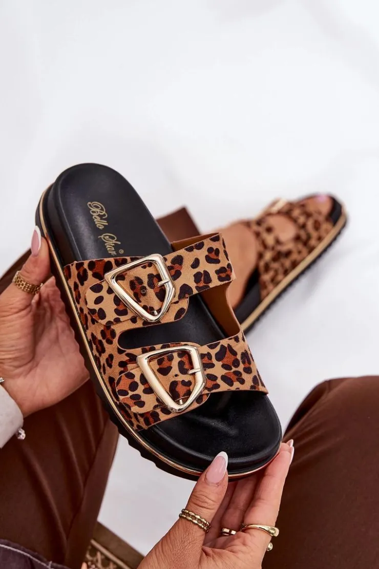 Damskie Boto Klapki Damskie w Panterkę Na Platformie Ze Złotymi Klamrami Brązowe Tersele