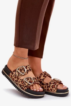 Damskie Boto Klapki Damskie w Panterkę Na Platformie Ze Złotymi Klamrami Brązowe Tersele