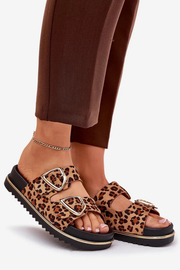 Damskie Boto Klapki Damskie w Panterkę Na Platformie Ze Złotymi Klamrami Brązowe Tersele