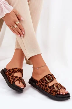 Discount Boto Klapki Damskie W Panterkę Na Platformie Z Klamrami Brązowe Simbes Brązowy