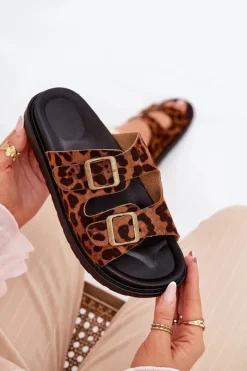 Discount Boto Klapki Damskie W Panterkę Na Platformie Z Klamrami Brązowe Simbes Brązowy