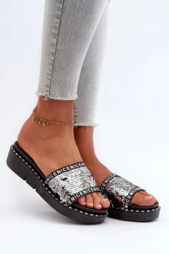 Damskie Boto Klapki Damskie Z Cekinami Czarno-Srebrne Rivanique