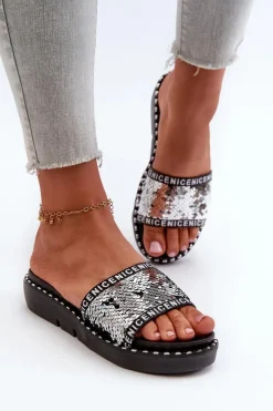 Damskie Boto Klapki Damskie Z Cekinami Czarno-Srebrne Rivanique