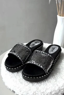 Damskie Boto Klapki Damskie Z Cekinami Czarno-Srebrne Rivanique