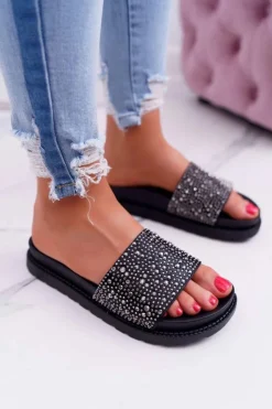 Boto Klapki Damskie Klasyczne*Klapki Damskie Z Cyrkoniami Czarne XTI 48821