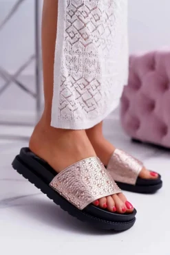 New Boto Klapki Damskie Z Cyrkoniami Champagne XTI 48821