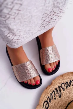 New Boto Klapki Damskie Z Cyrkoniami Champagne XTI 48821