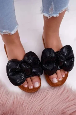 Best Boto Klapki Damskie z Dużą Kokardą Czarne Big Love