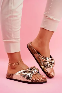 Sale Evento Klapki Damskie z Dużą Kokardą Złote Lovely Time