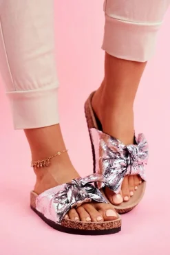 Damskie Evento Klapki Damskie z Dużą Kokardą Srebrne Lovely Time