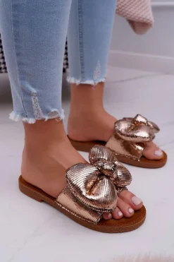 Damskie Boto Klapki Damskie z Dużą Kokardą Champagne Big Love