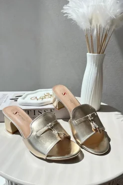 Damskie Boto Klapki Damskie Z Eko Skóry Na Obcasie Złote Jemenna