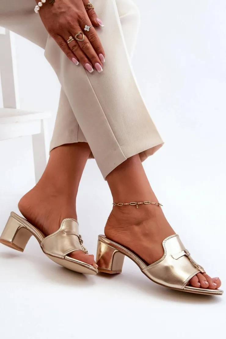 Damskie Boto Klapki Damskie Z Eko Skóry Na Obcasie Złote Jemenna