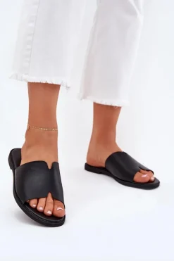 New Evento Klapki Damskie Z Eko Skóry Na Płaskim Obcasie Czarne Kalimira