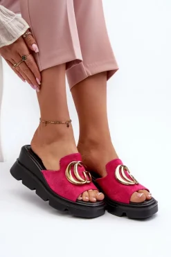 Buty damskie Vinceza Klapki Na Platformie|Klapki Damskie Klasyczne*Klapki Damskie Z Eko Zamszu Na Koturnie I Platformie Ze Złotą Ozdobą Vinceza 58295 Fuksja Różowy