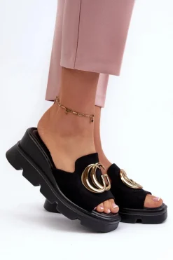 Buty damskie Vinceza Klapki Na Platformie|Klapki Damskie Klasyczne*Klapki Damskie Z Eko Zamszu Na Koturnie I Platformie Ze Złotą Ozdobą Vinceza 58295 Czarne