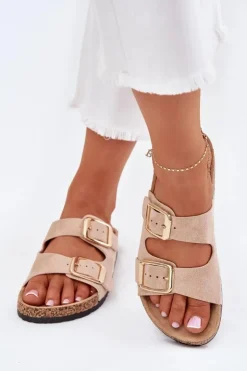 Outlet Boto Klapki Damskie Z Eko Zamszu Złote Klamry Beżowe Vorella