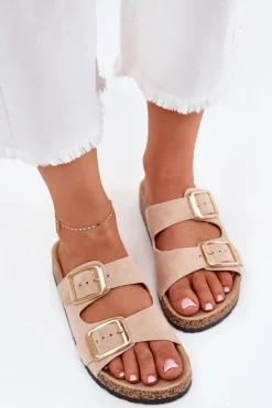 Outlet Boto Klapki Damskie Z Eko Zamszu Złote Klamry Beżowe Vorella