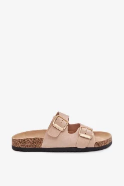 Outlet Boto Klapki Damskie Z Eko Zamszu Złote Klamry Beżowe Vorella