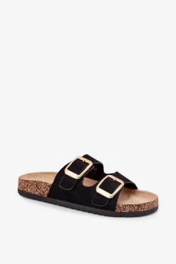 Damskie Boto Klapki Damskie Z Eko Zamszu Złote Klamry Czarne Vorella