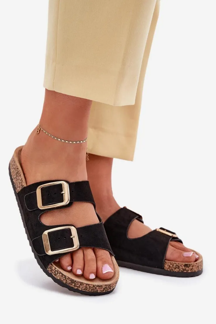 Damskie Boto Klapki Damskie Z Eko Zamszu Złote Klamry Czarne Vorella