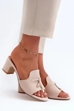 Damskie Boto Klapki Damskie Z Eko Zamszu Na Obcasie Beżowe Jemenna