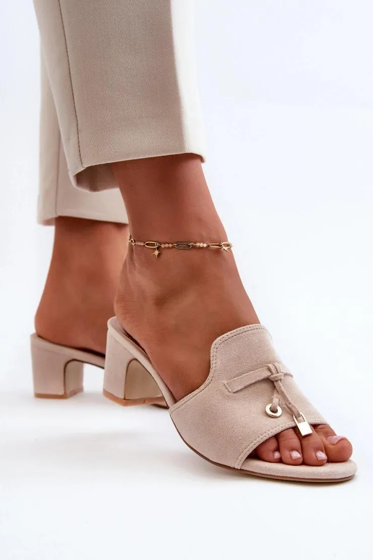 Damskie Boto Klapki Damskie Z Eko Zamszu Na Obcasie Beżowe Jemenna