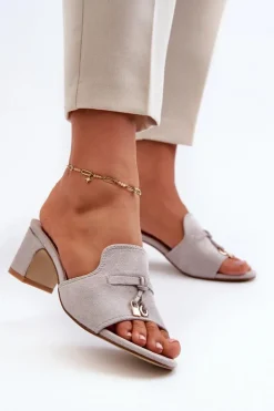 New Boto Klapki Damskie Z Eko Zamszu Na Obcasie Szare Jemenna Szary