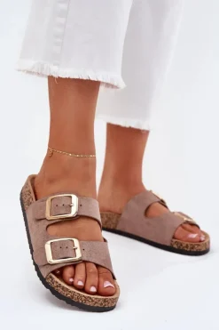 Boto Klapki Korkowe|Klapki Na Platformie*Klapki Damskie Z Eko Zamszu Złote Klamry Ciemnobeżowe Vorella