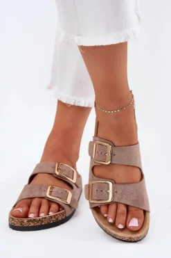 Boto Klapki Korkowe|Klapki Na Platformie*Klapki Damskie Z Eko Zamszu Złote Klamry Ciemnobeżowe Vorella