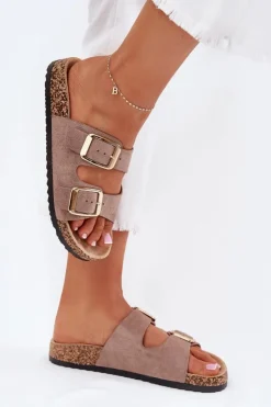 Boto Klapki Korkowe|Klapki Na Platformie*Klapki Damskie Z Eko Zamszu Złote Klamry Ciemnobeżowe Vorella