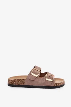 Boto Klapki Korkowe|Klapki Na Platformie*Klapki Damskie Z Eko Zamszu Złote Klamry Ciemnobeżowe Vorella