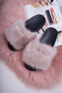 Outlet Boto Klapki Damskie z Futerkiem Beżowe NiceFur